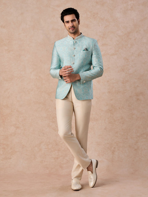 Manyavar Light Blue Brocade Jodhpuri Suit
