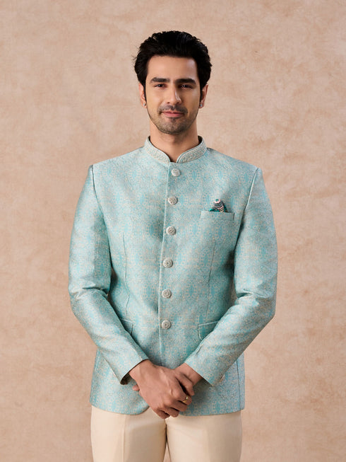 Manyavar Light Blue Brocade Jodhpuri Suit