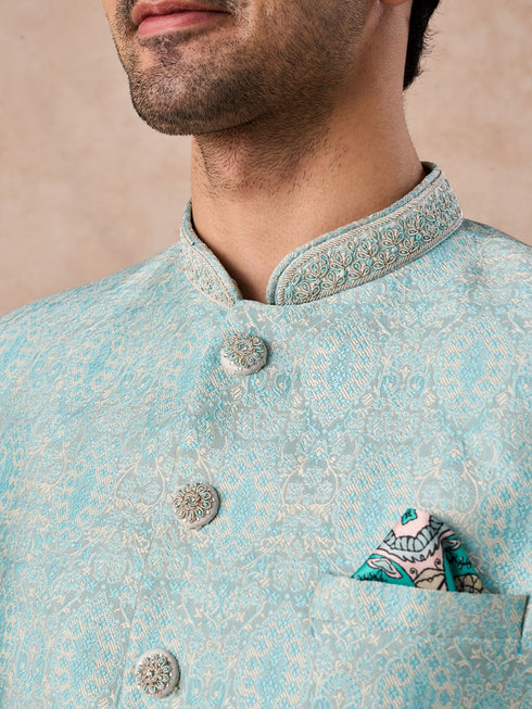 Manyavar Light Blue Brocade Jodhpuri Suit