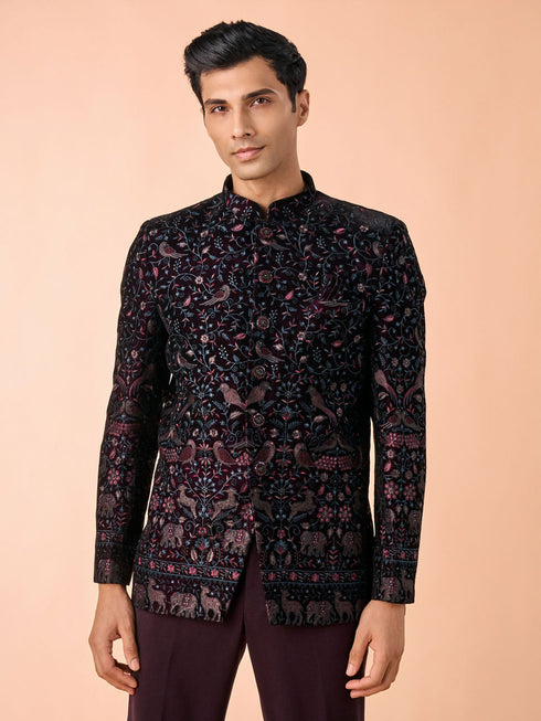 Manyavar Velvety Wine Elegance Jodhpuri Suit
