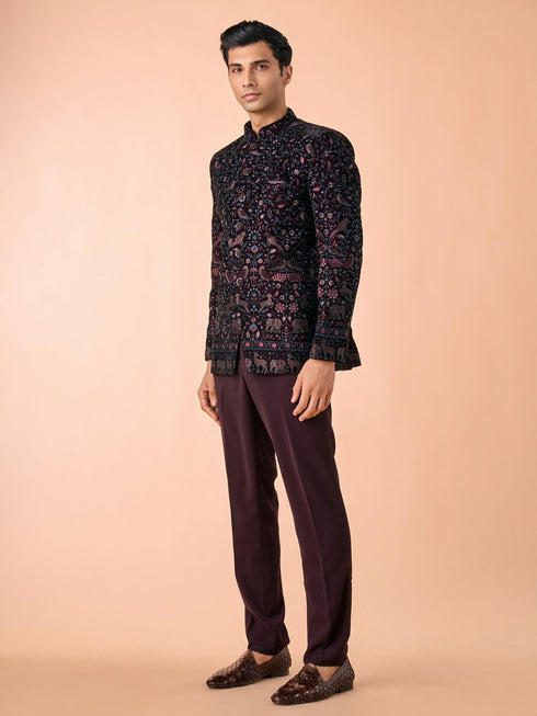 Manyavar Velvety Wine Elegance Jodhpuri Suit