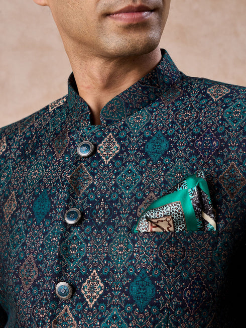 Manyavar Dark Blue Brocade Jodhpuri Suit