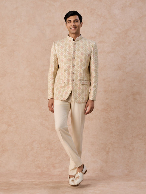 Manyavar Gleaming Cream Satin Jodhpuri Suit