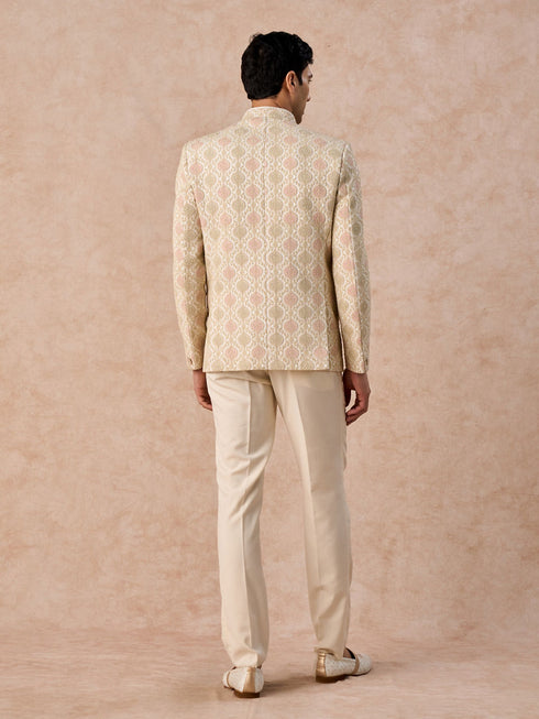 Manyavar Gleaming Cream Satin Jodhpuri Suit