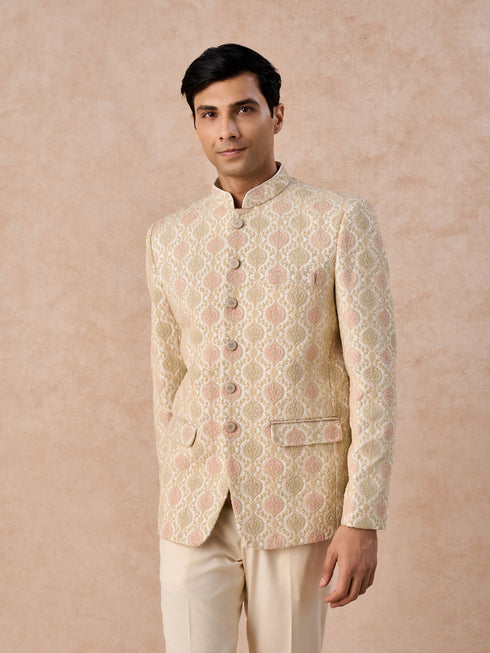 Manyavar Gleaming Cream Satin Jodhpuri Suit