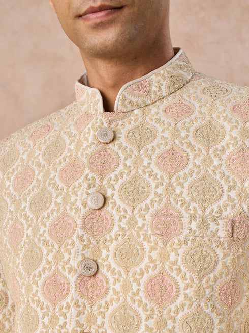 Manyavar Gleaming Cream Satin Jodhpuri Suit