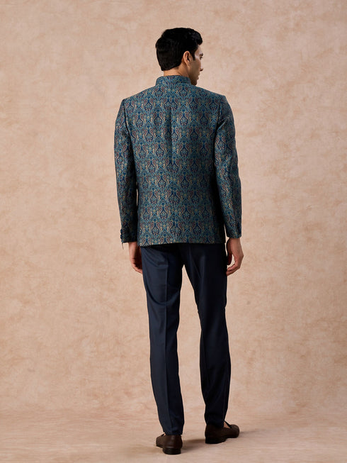Manyavar Teal Blue Sheen Jodhpuri Suit