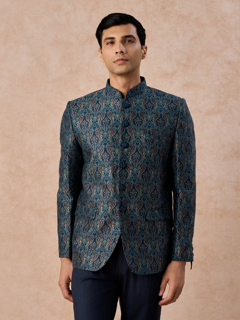 Manyavar Teal Blue Sheen Jodhpuri Suit