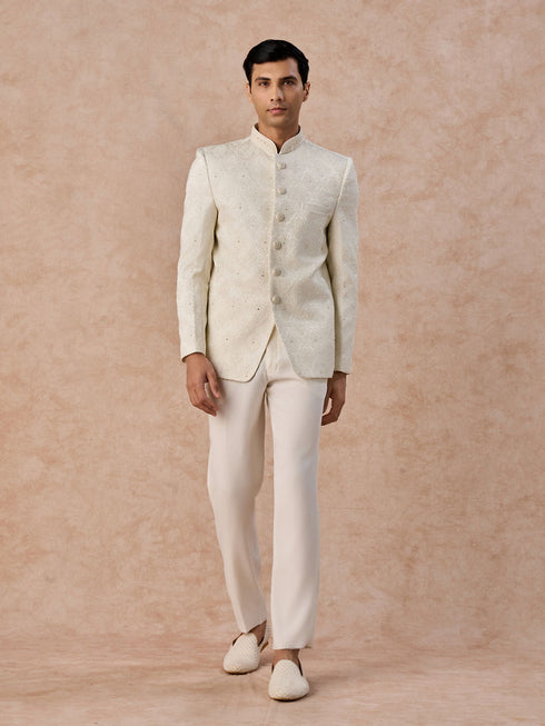 Manyavar Cream Brocade Jodhpuri Suit