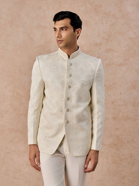 Manyavar Cream Brocade Jodhpuri Suit