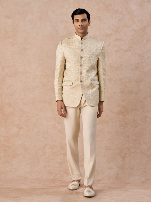 Manyavar Beige Elegance Satin Jodhpuri Suit