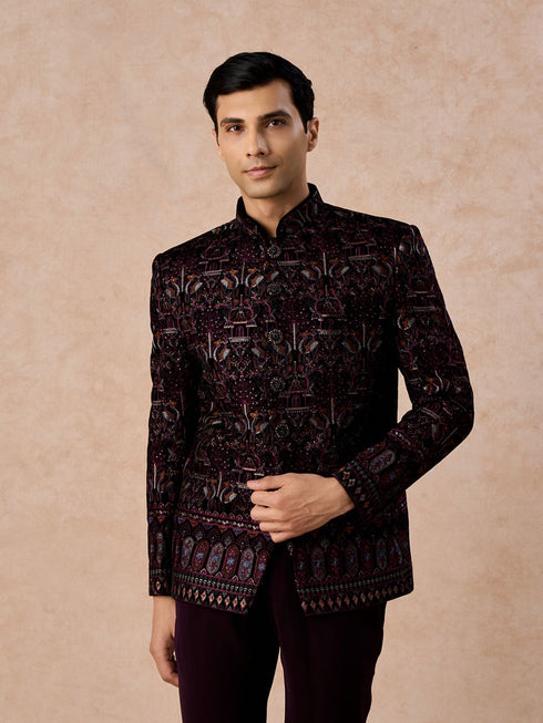Manyavar Velvety Wine Glory Jodhpuri Suit