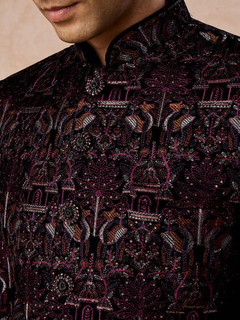 Manyavar Velvety Wine Glory Jodhpuri Suit