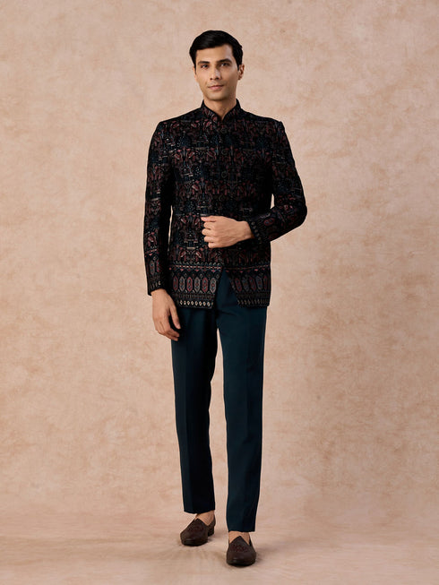 Manyavar Teal Green Velvet Splendour Jodhpuri Suit