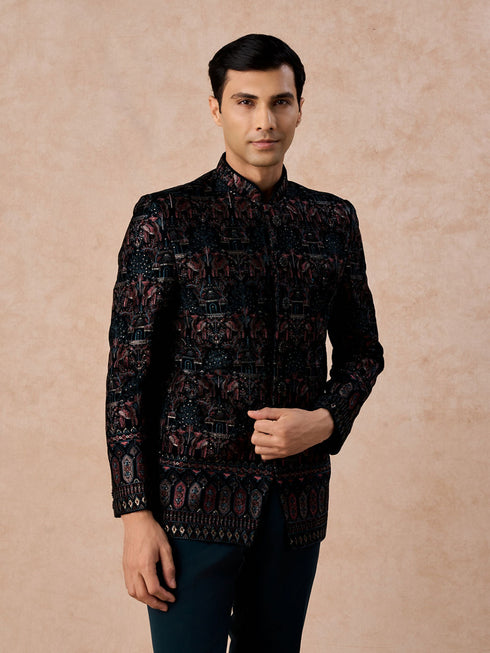 Manyavar Teal Green Velvet Splendour Jodhpuri Suit