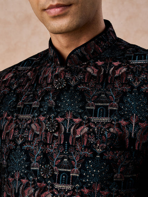 Manyavar Teal Green Velvet Splendour Jodhpuri Suit