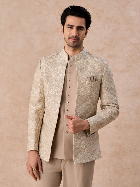 Manyavar Exquisite Beige Open Jodhpuri Suit