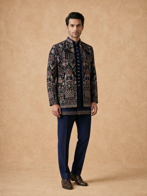 Manyavar Velvety Charm Dark Blue Open Jodhpuri Suit