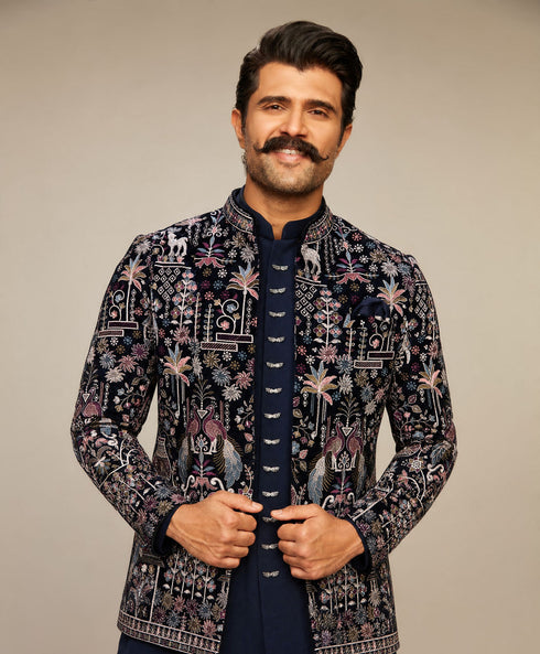 Manyavar Velvety Charm Dark Blue Open Jodhpuri Suit