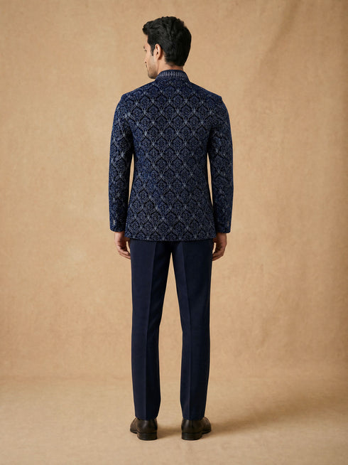 Manyavar Dark Blue Velvet Open Jodhpuri Suit