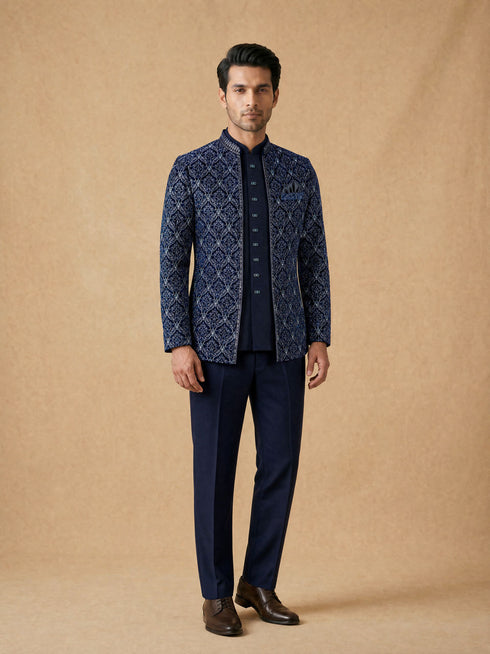 Manyavar Dark Blue Velvet Open Jodhpuri Suit
