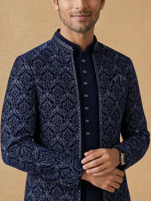 Manyavar Dark Blue Velvet Open Jodhpuri Suit