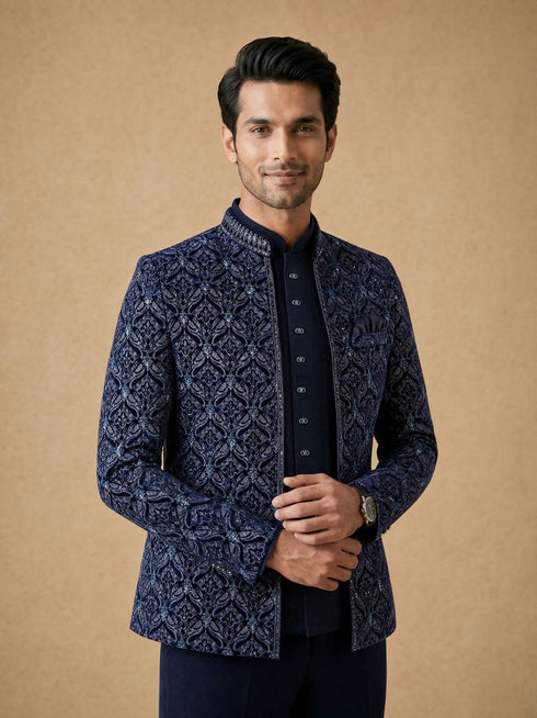 Manyavar Dark Blue Velvet Open Jodhpuri Suit