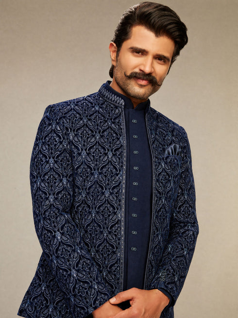 Manyavar Dark Blue Velvet Open Jodhpuri Suit