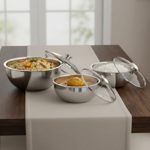 Vinod Stainless Steel Montero Insulated Casserole with Glass Lids and Steel Knobs Set of 3 500 ml 900 ml and 1500 ml High Grade Steel and Rust Free