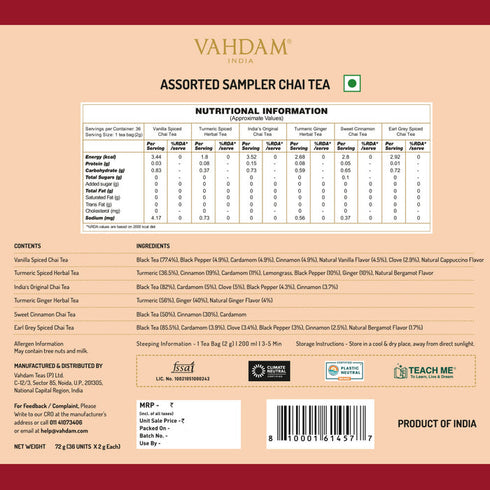Vahdam Tea Chai Tea Assortment Gift Set | 6 Variants