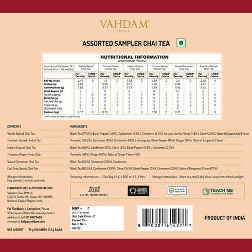 Vahdam Chai Tea Assortment Gift Set | 6 Variants