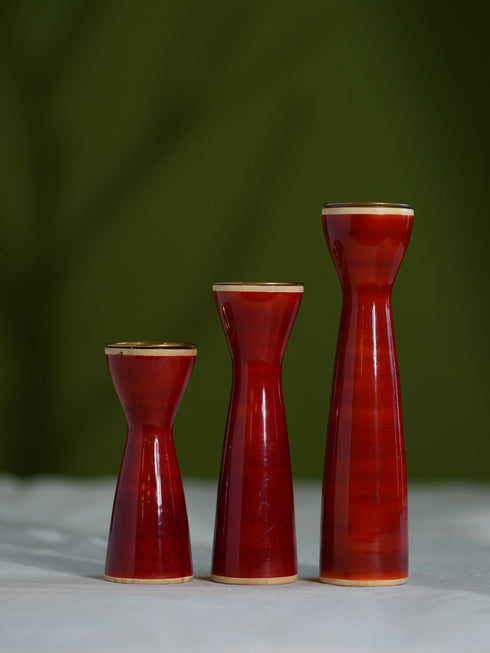 The India Craft House Channapatna Wood Craft Candle Stands | Warm Red