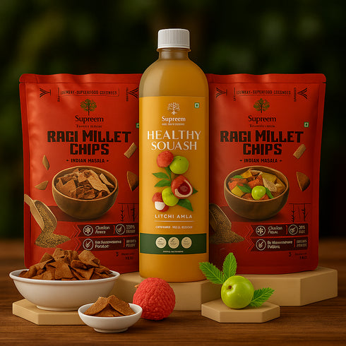 Supreem Super Foods Litchi Amla Squash + Ragi Millet Chips (Pack of 2)