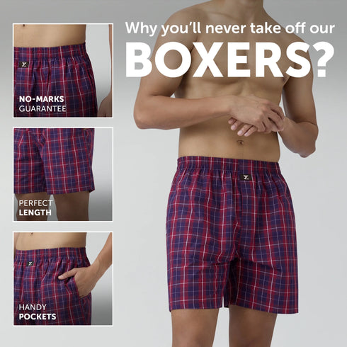 XYXX Checkmate Combed Cotton Boxer Shorts Autumn Maroon