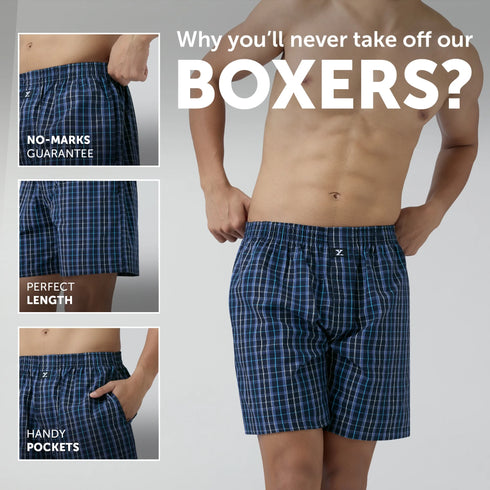 XYXX Checkmate Combed Cotton Boxer Shorts Midnight Blue