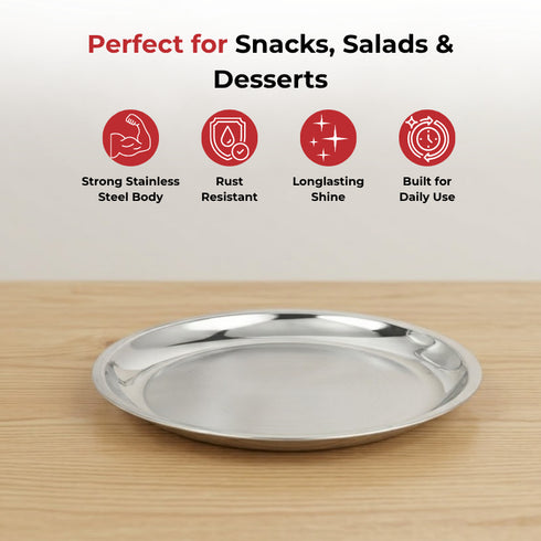 Vinod Stainless Steel China Dish Set of 6 17.5 cm Serving Dish Salad Plate Snack Plate Highest Stainless Steel Mirror Finish Rust Free