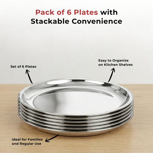 Vinod Stainless Steel China Dish Set of 6 17.5 cm Serving Dish Salad Plate Snack Plate Highest Stainless Steel Mirror Finish Rust Free