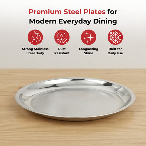 Vinod Stainless Steel China Dish Set of 6 25 cm Serving Dish Salad Plate Snack Plate Highest Quality Stainless Steel Mirror Finish Rust Free