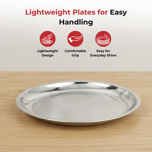 Vinod Stainless Steel China Plate Set of 6 28 cm Lunch and Dinner Plate Highest Quality Stainless Steel Mirror Finish Rust Free