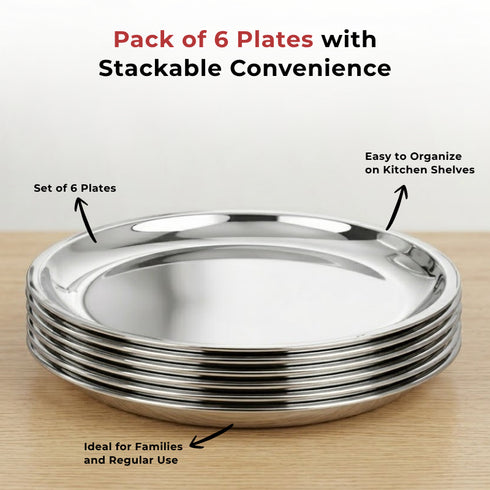 Vinod Stainless Steel China Plate Set of 6 28 cm Lunch and Dinner Plate Highest Quality Stainless Steel Mirror Finish Rust Free