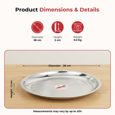 Vinod Stainless Steel China Plate Set of 6 28 cm Lunch and Dinner Plate Highest Quality Stainless Steel Mirror Finish Rust Free