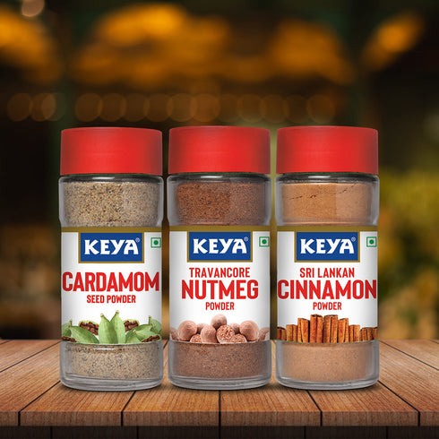 Keyafoods Keya Exotic Spices Combo Nutmeg Powder 65gm Cardamom Seed Powder 50gm Cinnamon Powder 45g 100 Pure & Natural Packed with Zero Preservatives or Additives Indian Spices Aroma & Flavour Pack of 3