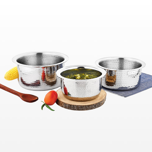 Vinod Stainless Steel Claro Hammered Tope Patila Set of 3 Capacity 1.8 Liter 3 Liter and 4.6 Liter