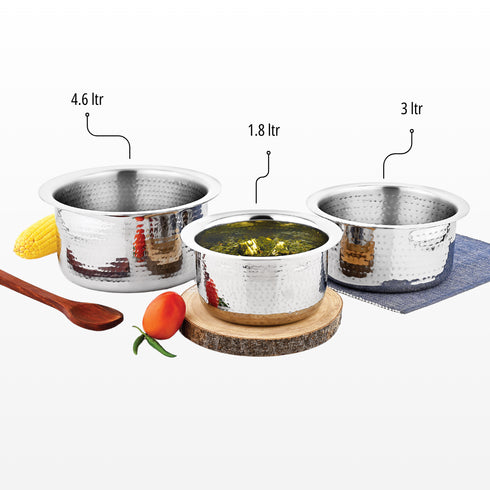 Vinod Stainless Steel Claro Hammered Tope Patila Set of 3 Capacity 1.8 Liter 3 Liter and 4.6 Liter
