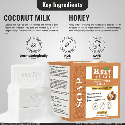 Multani Pharmaceuticals Limited Multani Naturals Coconut Milk & Honey Soap is a handmade Ayurvedic bar for men & women Enriched with coconut milk honey & glycerin it deeply moisturizes nourishes & leaves skin calm hydrated & glowing