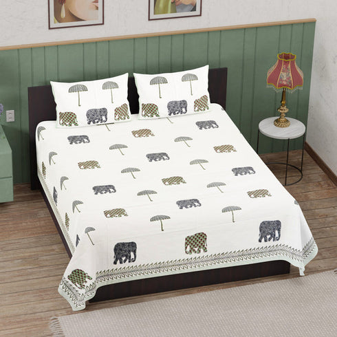 CREATUNIQ Colorful Elephant Printed Cotton Bedsheet