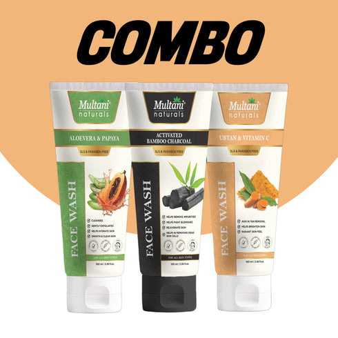Multani Pharmaceuticals Limited Multani Naturals Face Wash Combo Care Pack Aloe Vera & Papaya Charcoal Ubtan & Vitamin C Face Wash 3 x 100 ML