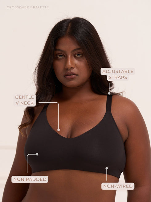 UNDERNEAT Crossover Bralette - Non-Padded Seamless Balconette Bra with V-Neck Design - Black