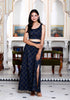 Miravan Womens Blue Abstract Print Crop Top And Side Slit A Line Skirt Co Ord Set