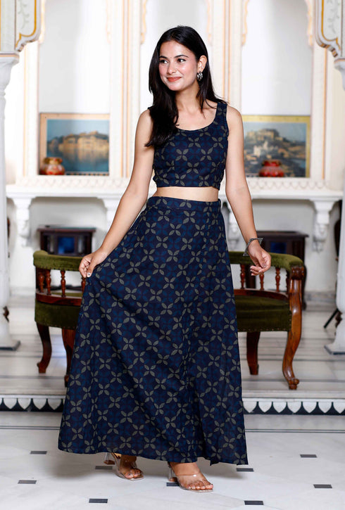 Miravan Womens Blue Abstract Print Crop Top And Side Slit A Line Skirt Co Ord Set